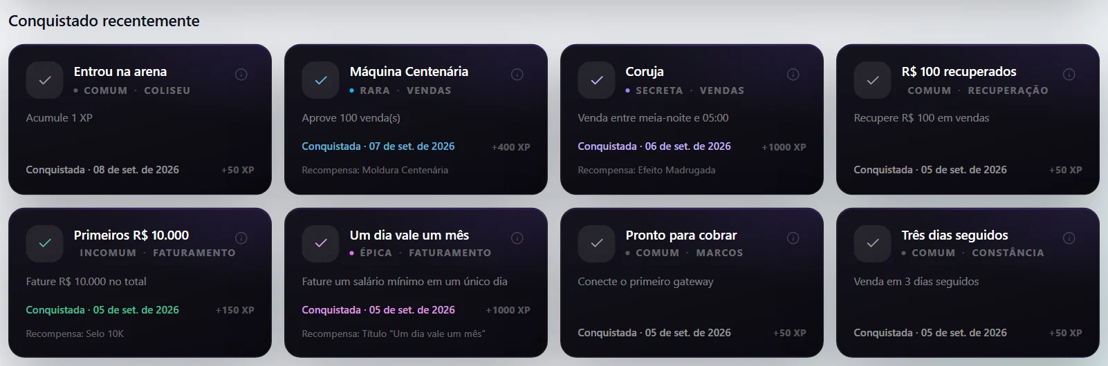 Captura dos Spectra Awards: conquistas como “R$ 100 recuperados” (Recuperação), “Três dias seguidos” (Constância), “Máquina Centenária” e a secreta “Coruja”, de venda entre meia-noite e 5h.